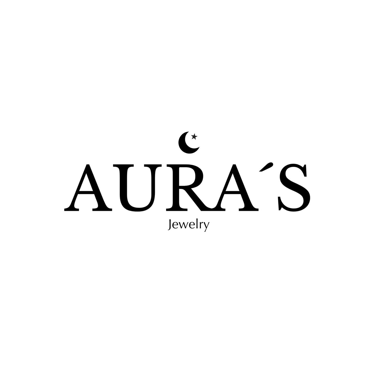 Logotipo de Aura’s Jewelry con tipografía elegante y símbolo de luna creciente.
