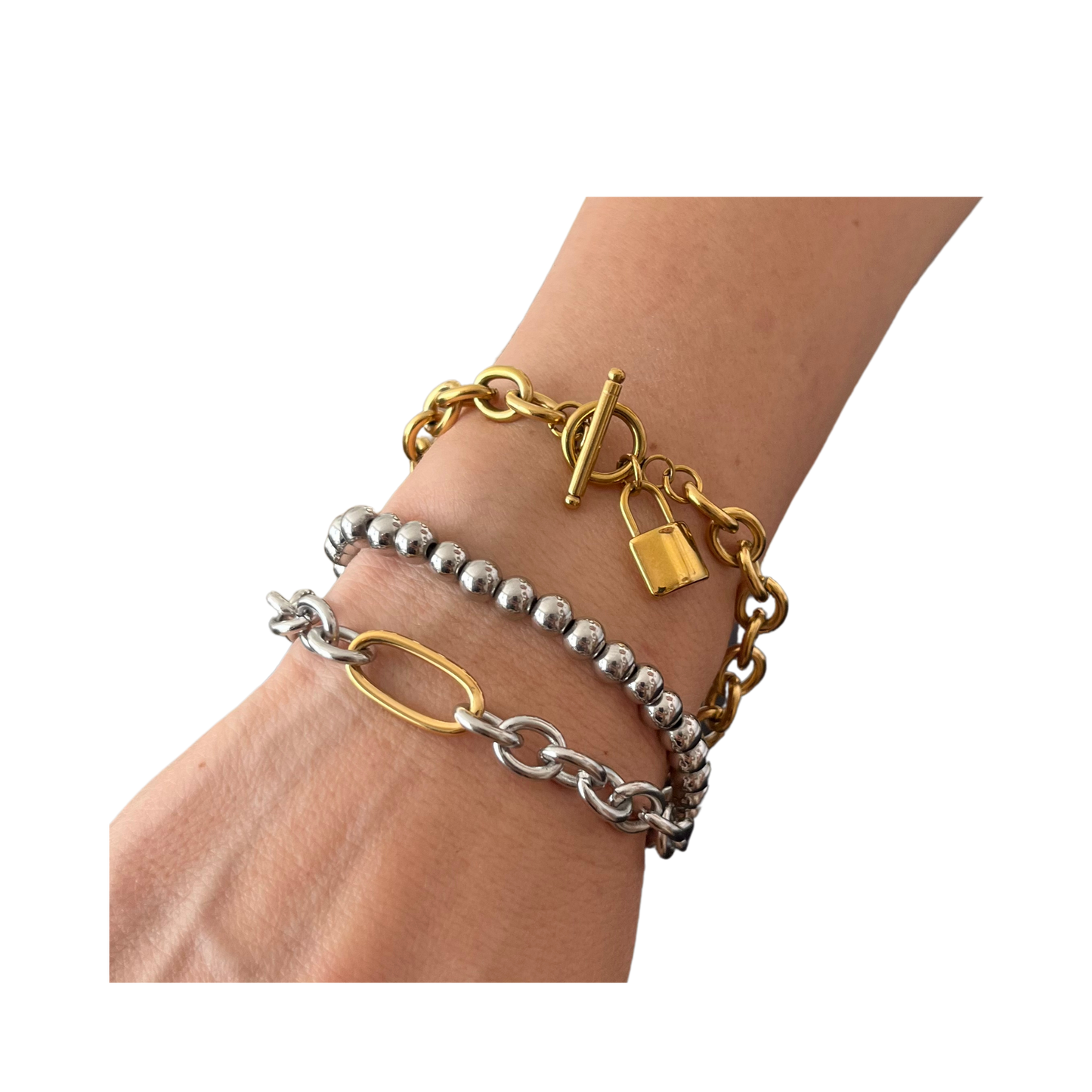 Brazalete de eslabon con Dije de Candado Personalizada con Inicial– Acero Inoxidable Dorado