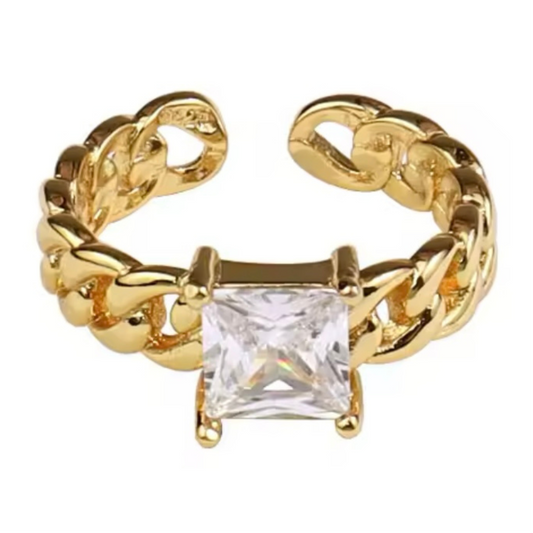 Anillo Ajustable Dorado con Piedra Cuadrada – Estilo Aura Real