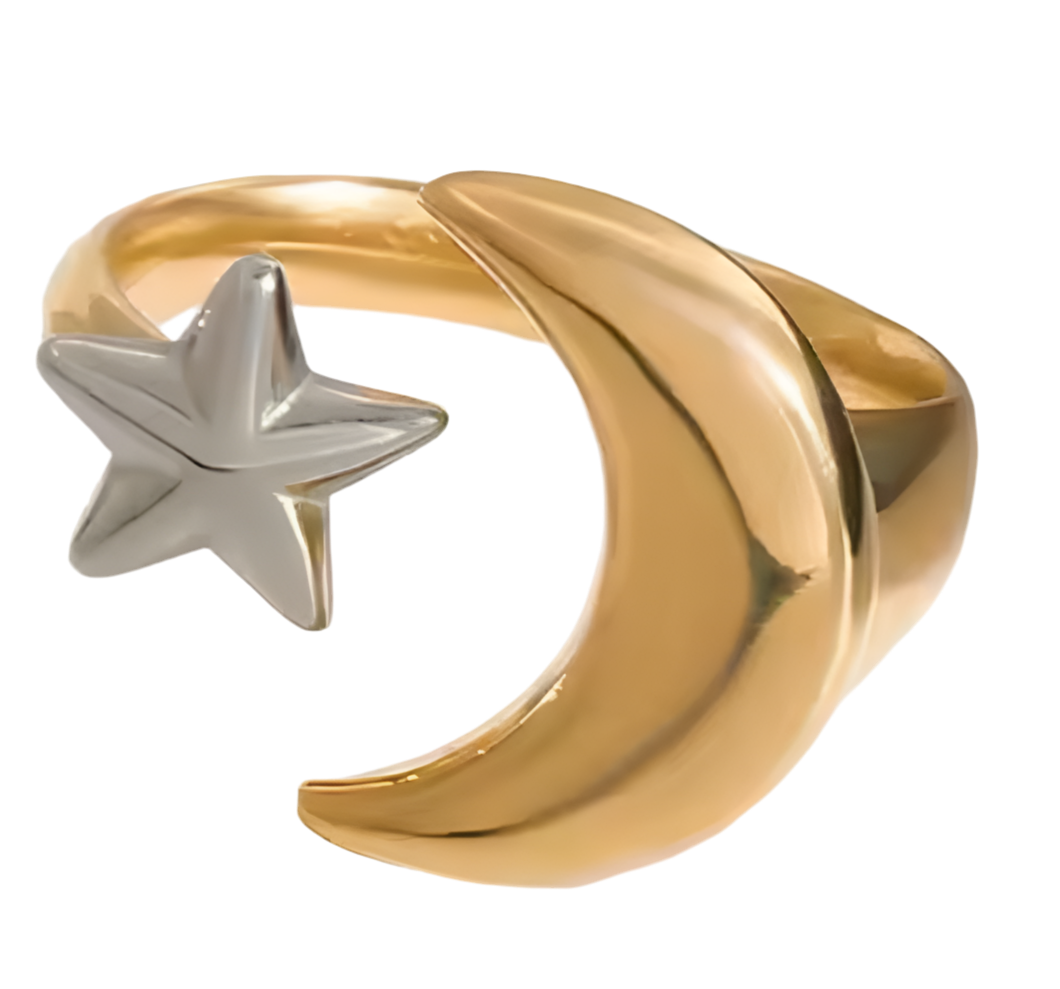 Anillo Ajustable Luna y Estrella – Acero Inoxidable con Baño de Oro 18K