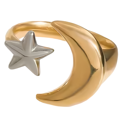 AURA Celeste | Anillo Luna y Estrella Ajustable de Acero Inoxidable