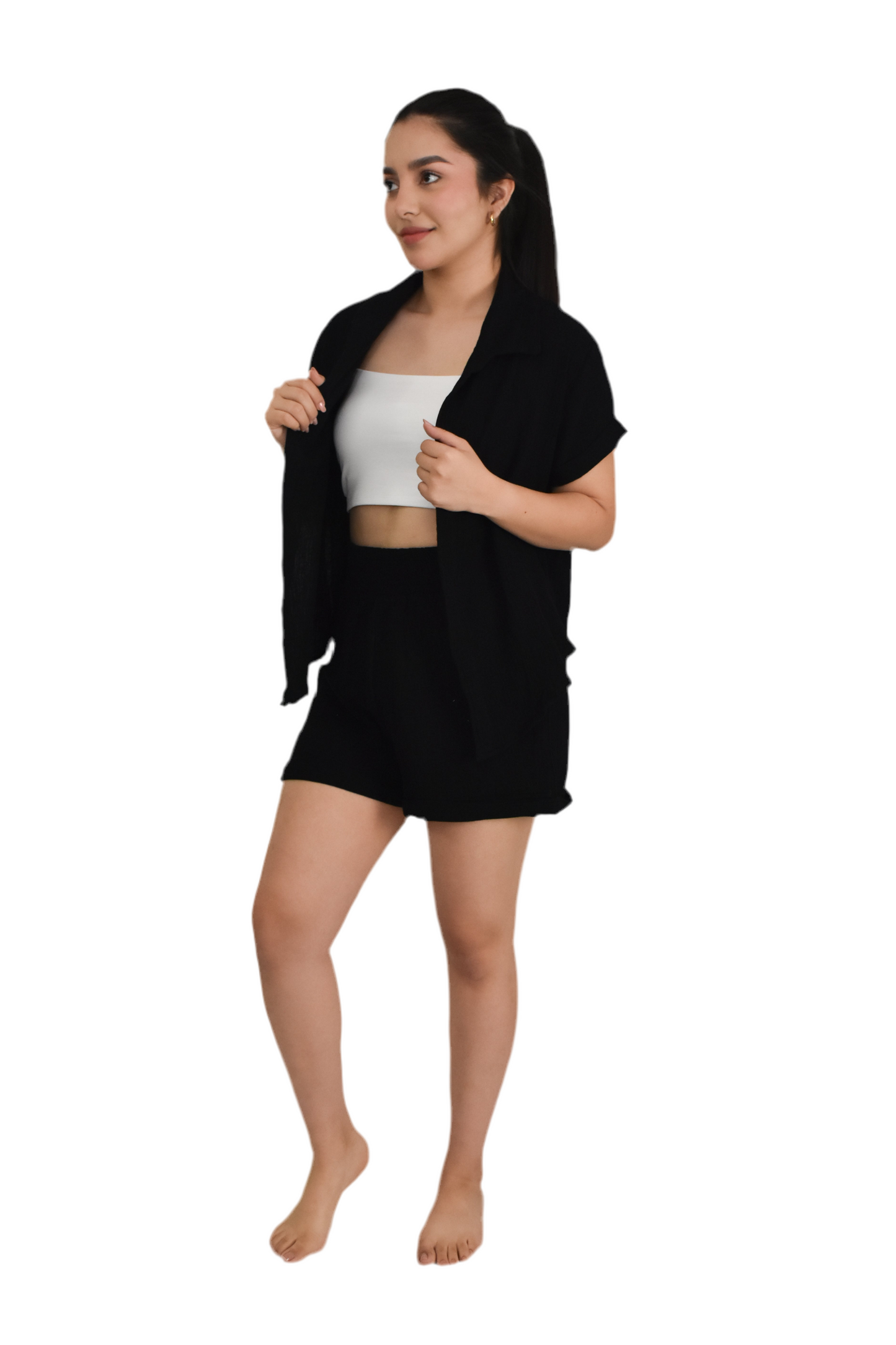 Conjunto de camisa sin botones y short con cintura elástica tela  Ligera – Negro y Beige
