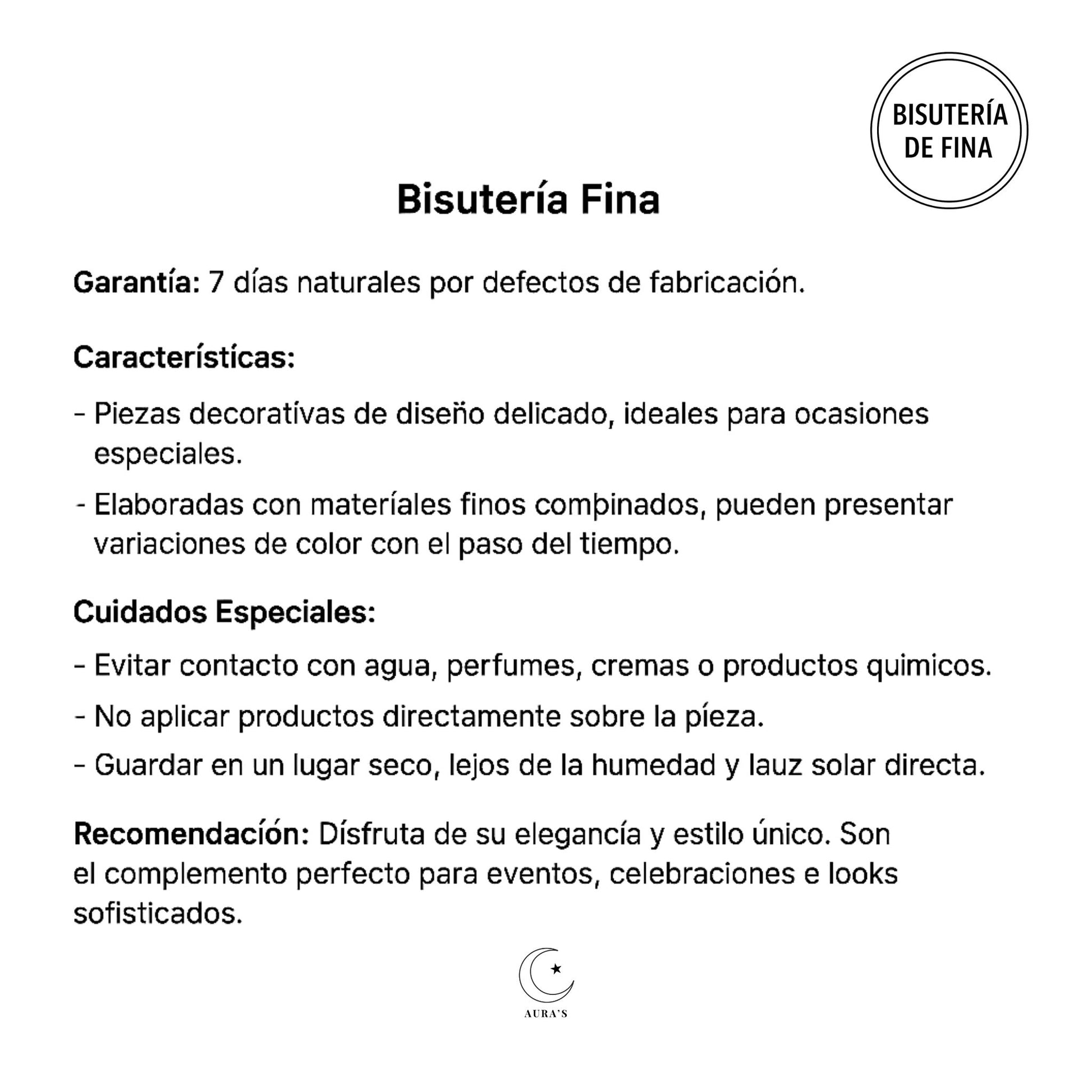Instructivo de bisutería fina Aura’s con garantía, cuidados y recomendaciones.