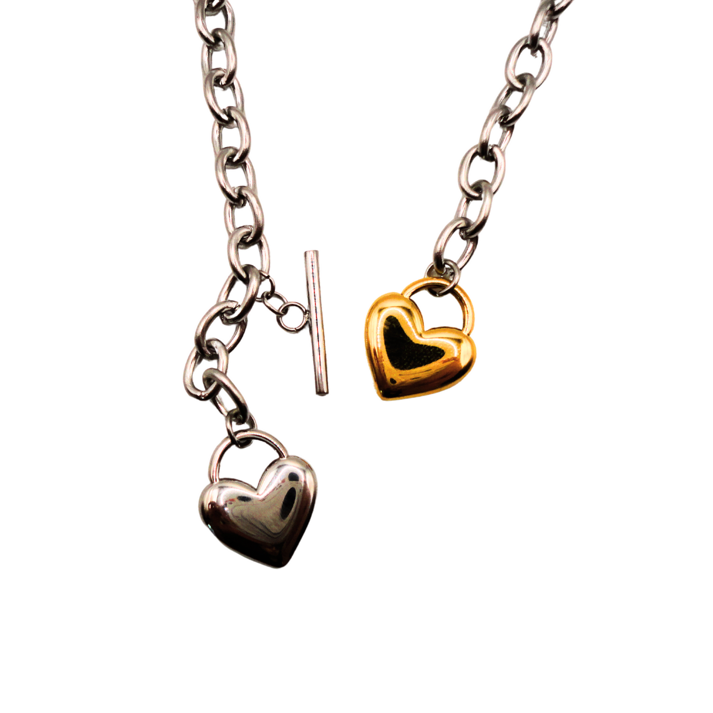 Collar Corazones Bicolor con Broche T – Acero Inoxidable Estilo Moderno