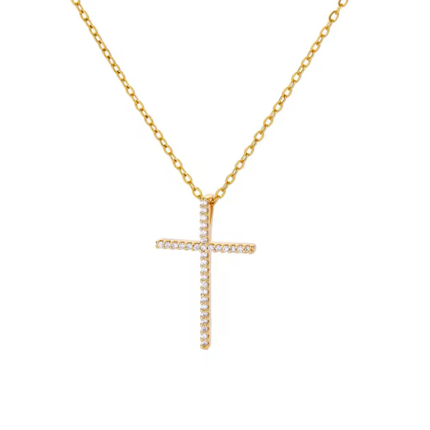 Collar Cruz Zirconias – Acero inoxidable dorado con eslabones
