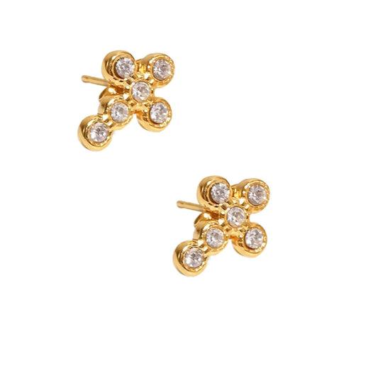 Aretes de broquel  cruz dorada con cristales brillantes
