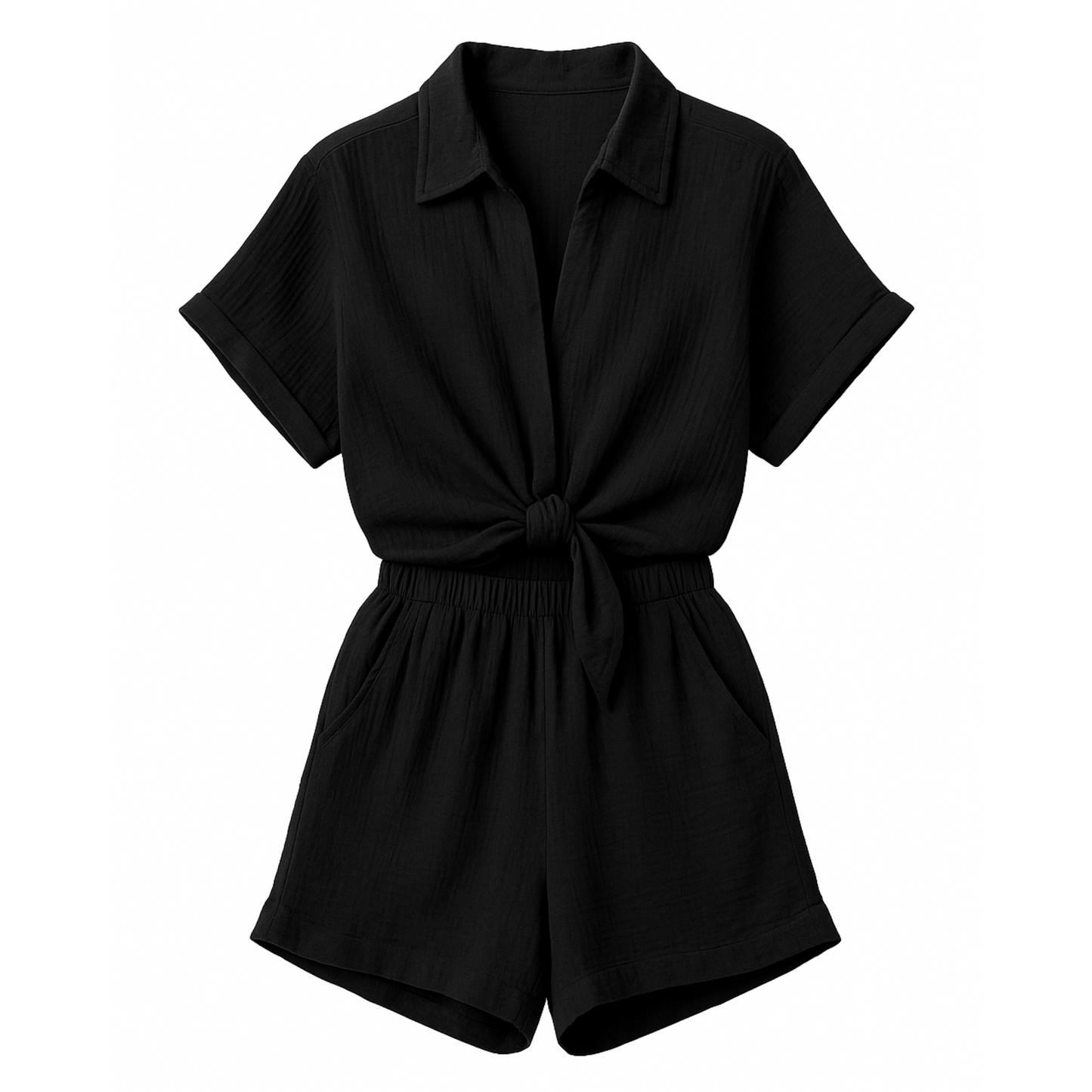 Conjunto de camisa sin botones y short con cintura elástica tela  Ligera – Negro y Beige