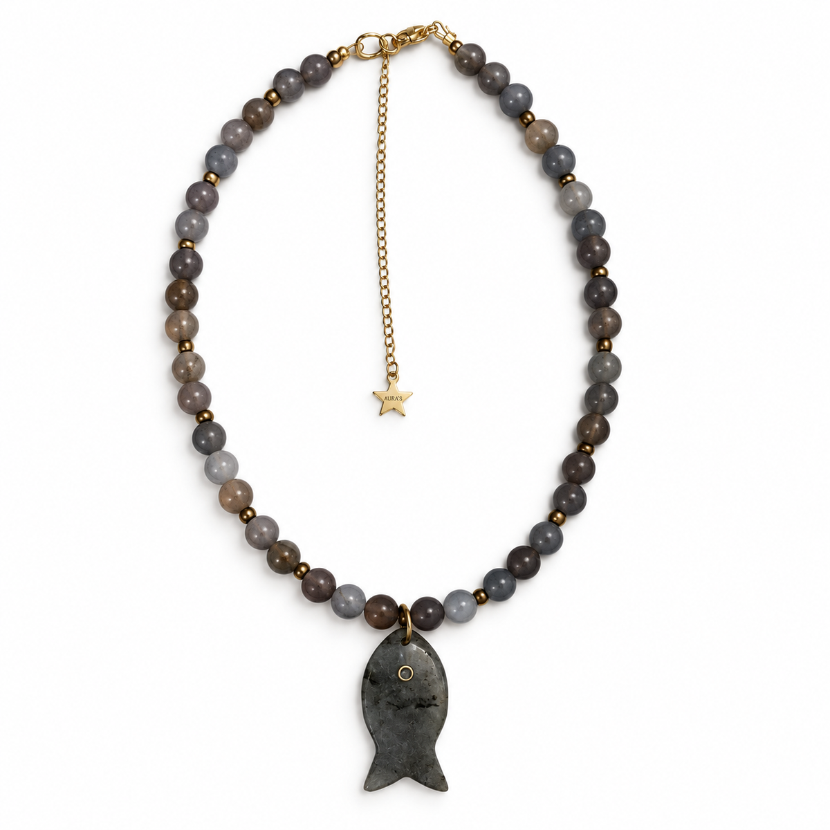 Collar Fluidez Gris | Piedra Natural con Dije de Pez Ajustable
