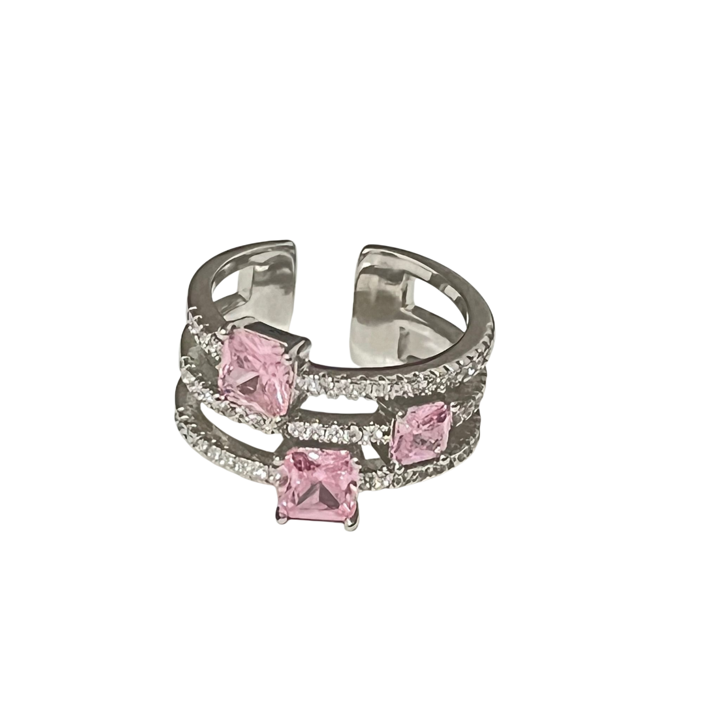 Anillo Ajustable con Tres Piedras Rosa – Brillo Femenino y Estilo Moderno