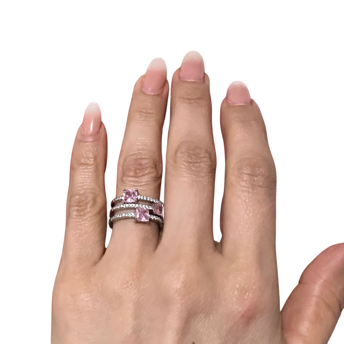 Anillo Ajustable con Tres Piedras Rosa – Brillo Femenino y Estilo Moderno