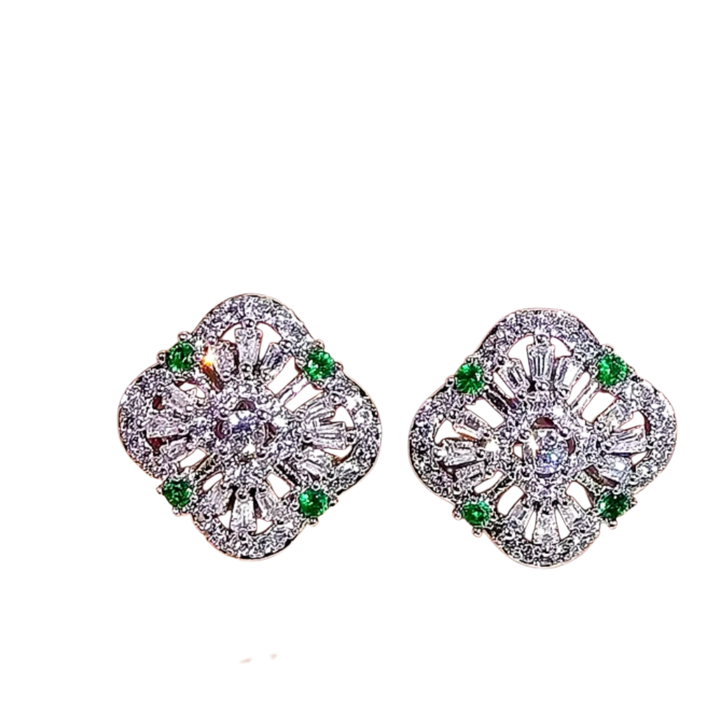 Aretes de bisutería fina con diseño floral y piedras verdes, aretes.