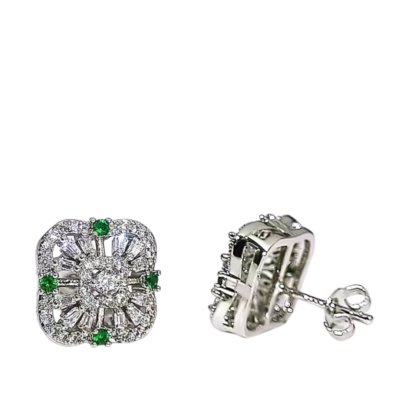Set de bisutería fina con diseño floral y piedras verdes, incluye aretes y anillo ajustable