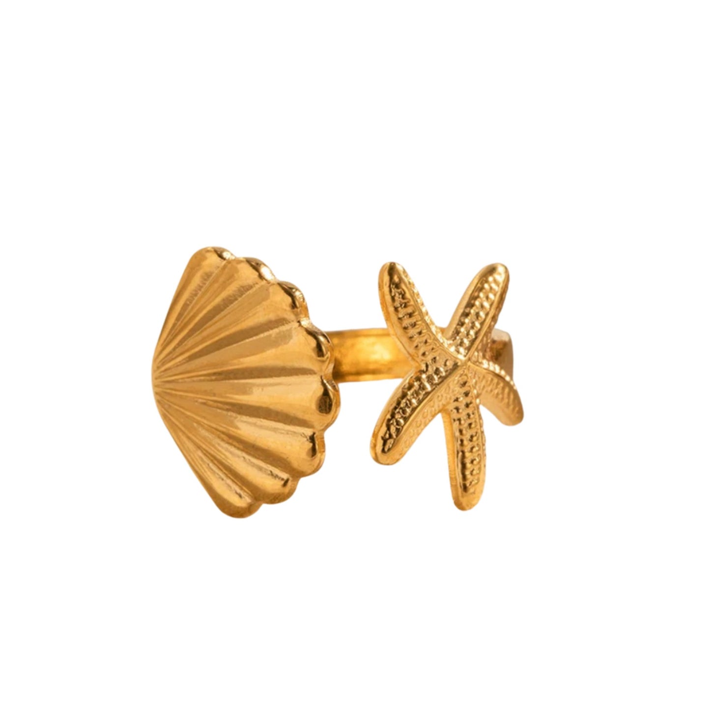 Anillo Estrella de Mar con Concha – Acero Inoxidable Ajustable