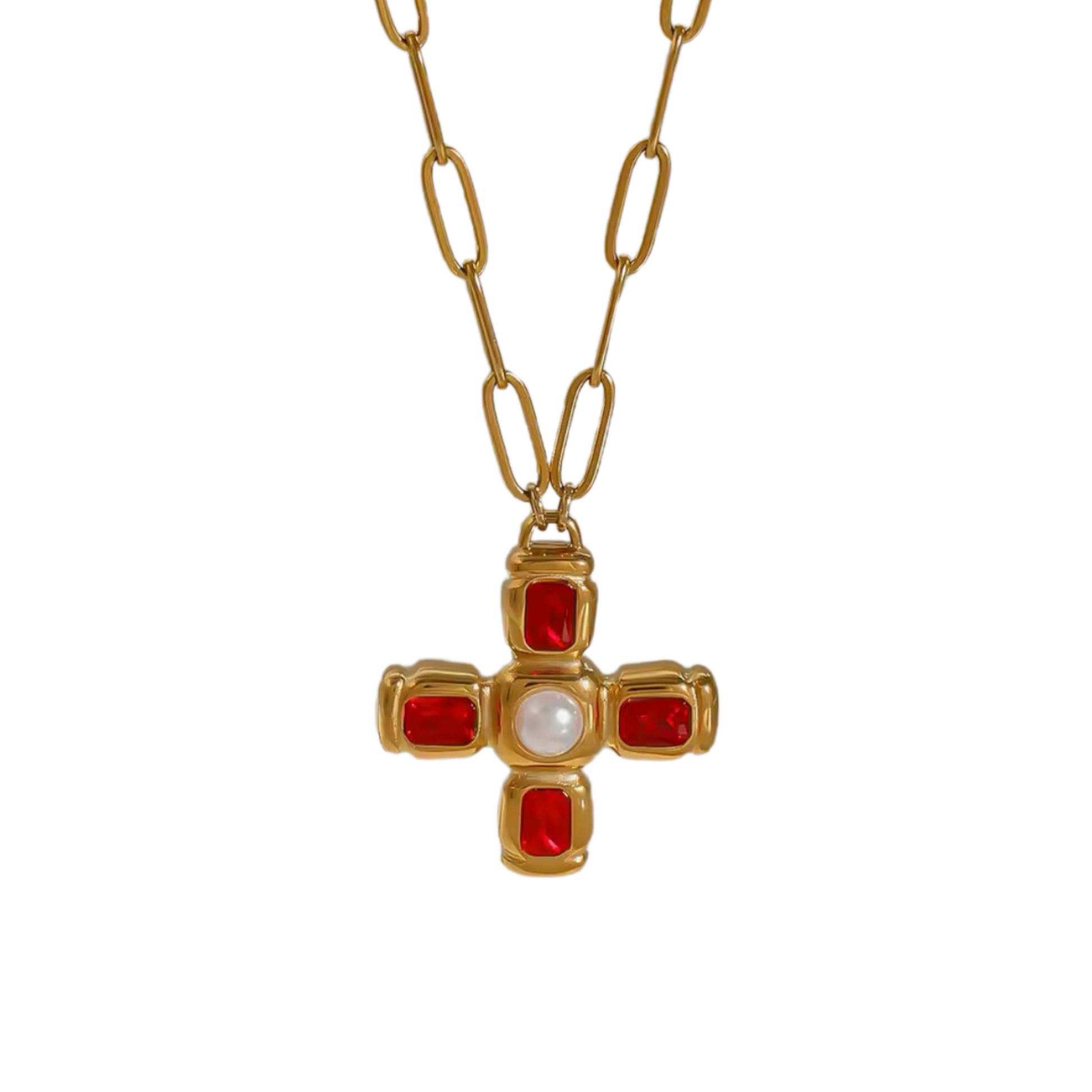 collar cruz dorada piedras rojas Joyeria Aura´s