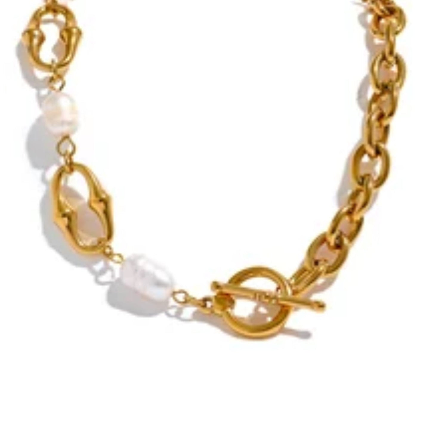 Collar de perlas naturales con cadena de acero inoxidable chapado en oro 18K