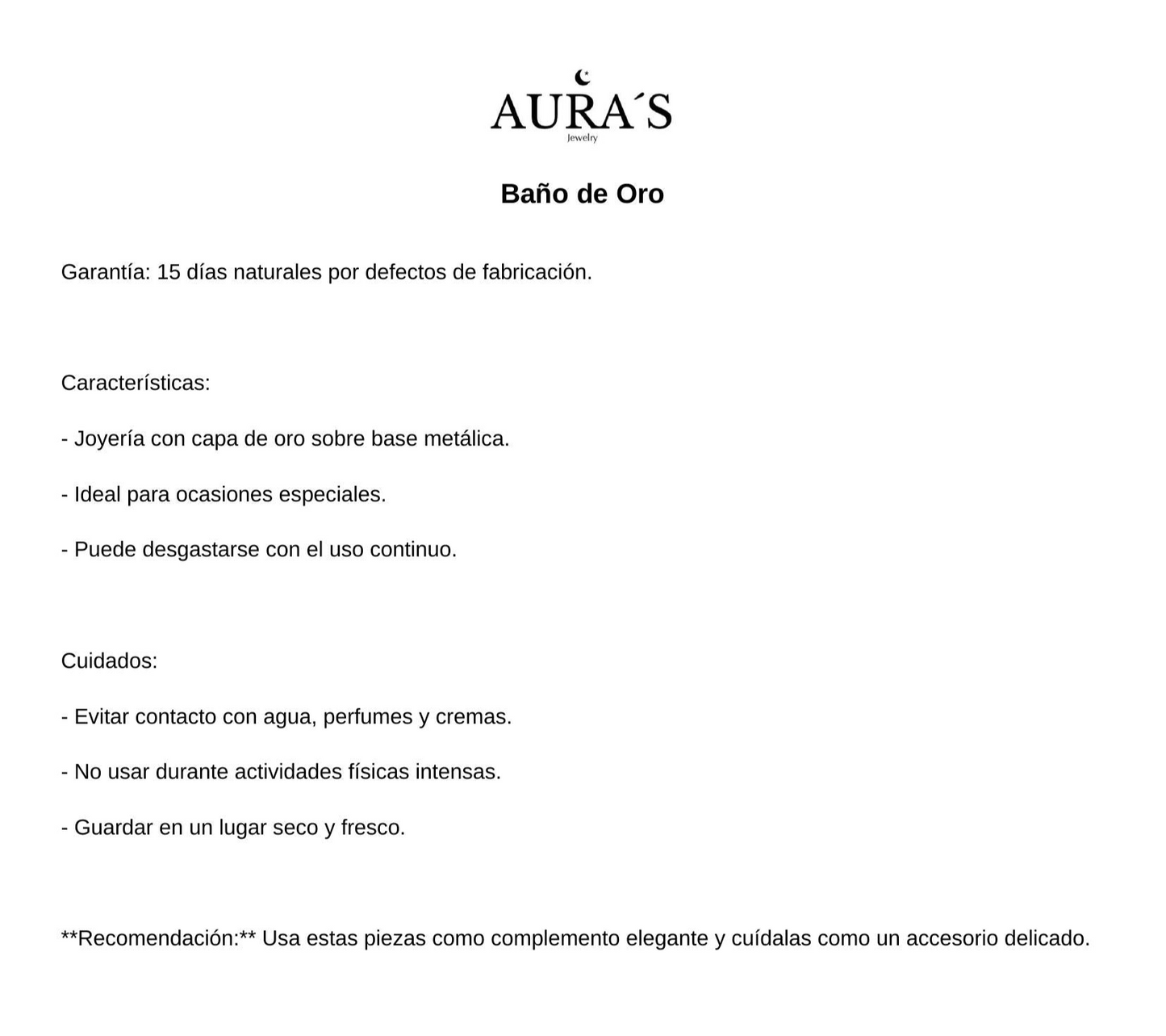 “Imagen informativa de Aura’s sobre joyería con baño de oro. Incluye garantía de 15 días, características como uso ocasional y base metálica, además de cuidados recomendados para preservar el brillo.”