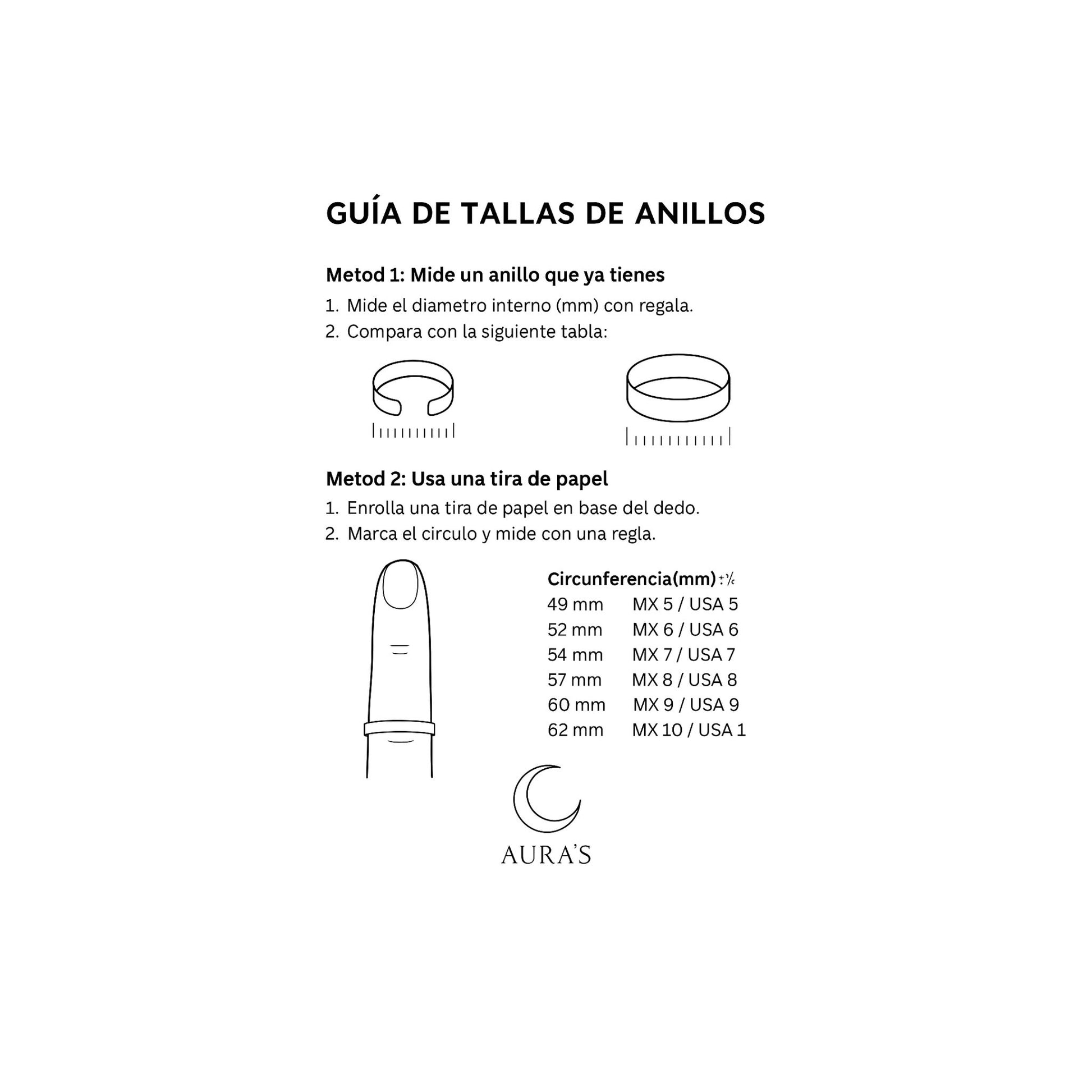 Guía de tallas de anillos Aura’s con medidas en milímetros y equivalencias para elegir la talla correcta.