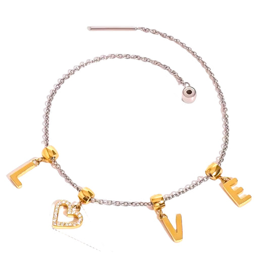 Pulsera LOVE Acero Inoxidable Bicolor (20 cm) con Detalle de la letra corazón con incrustaciones brillantes