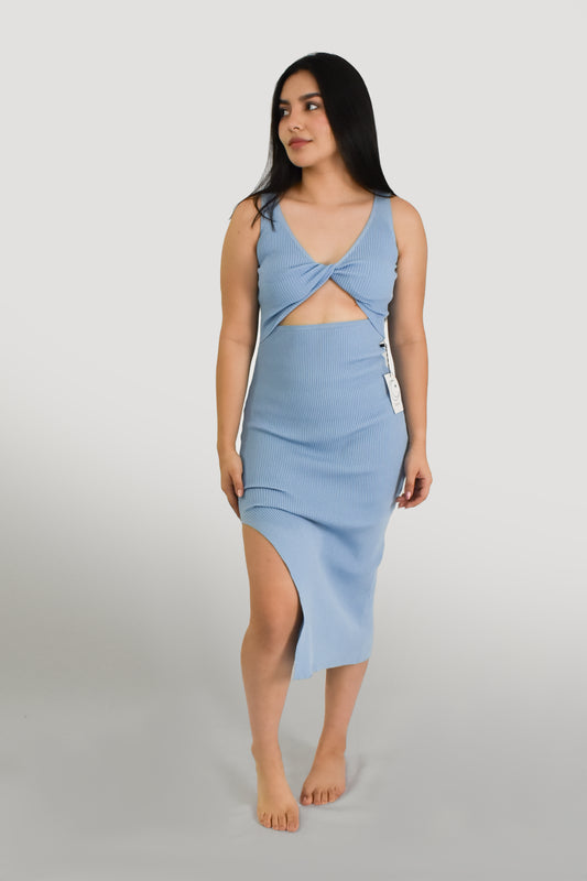 Vestido Serena Azul - Tejido de Punto con Detalle en Corte y Escote